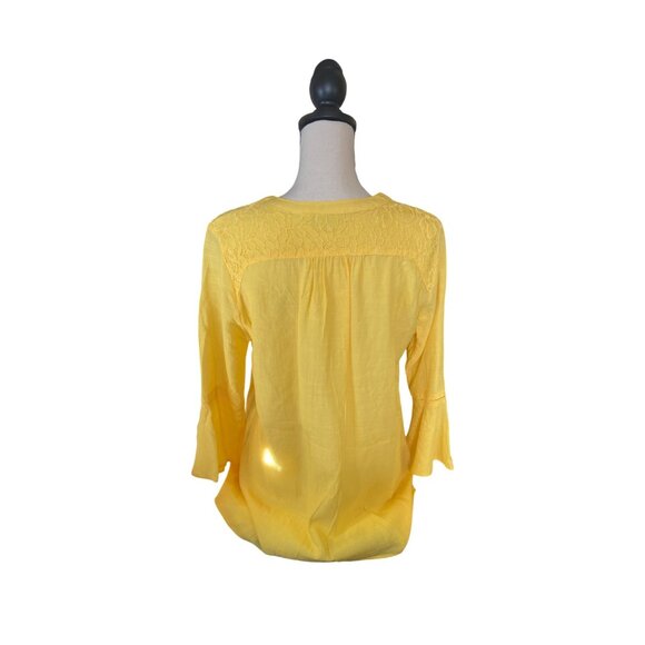 Kim Rogers Womens Blouse Medium Yellow Button-Down Bell Sleeves Lace Trim Retro - Picture 2 of 10